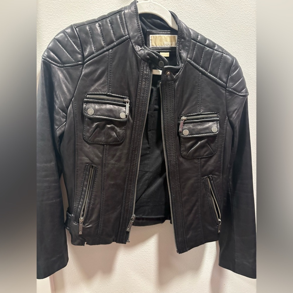 Michael Kors Black Leather Jacket with Quilted Shoulders